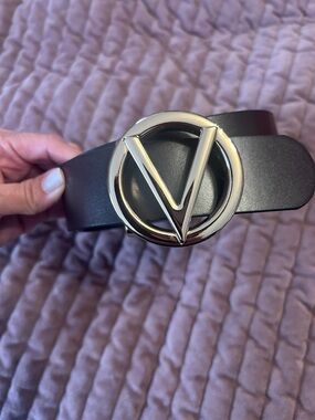 Valentino Round Gold V-Buckle Brown Leather Giusy Belt